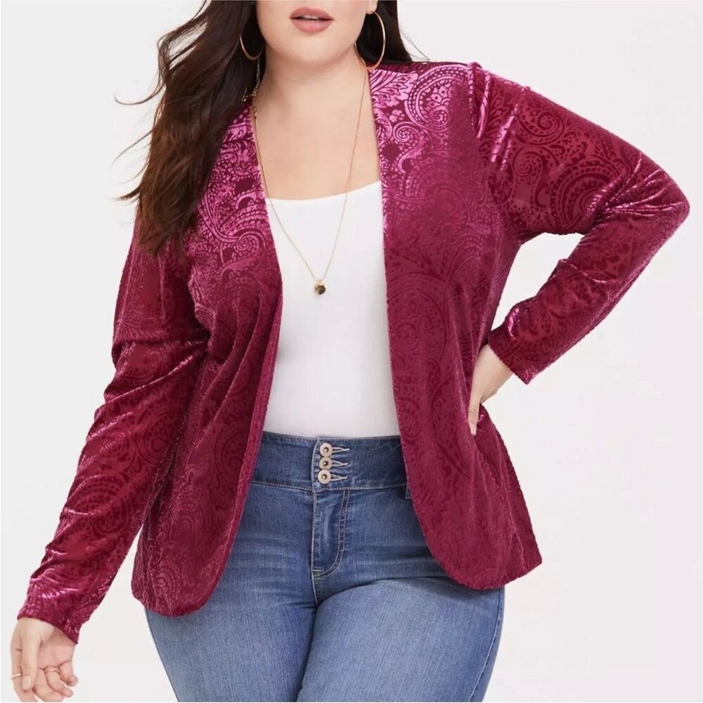 Torrid Burnout Velvet Blazer Cardigan Raspberry Red Whimsygoth Boho Fairy Sz. 1X